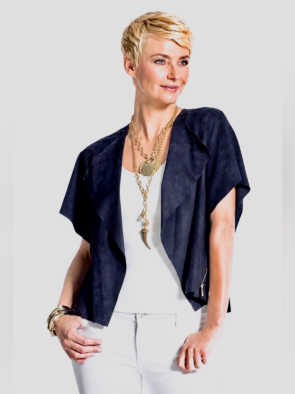 Chico's Faux Suede Jacket 1 Medium Blue Open Front Side Zipper Seams